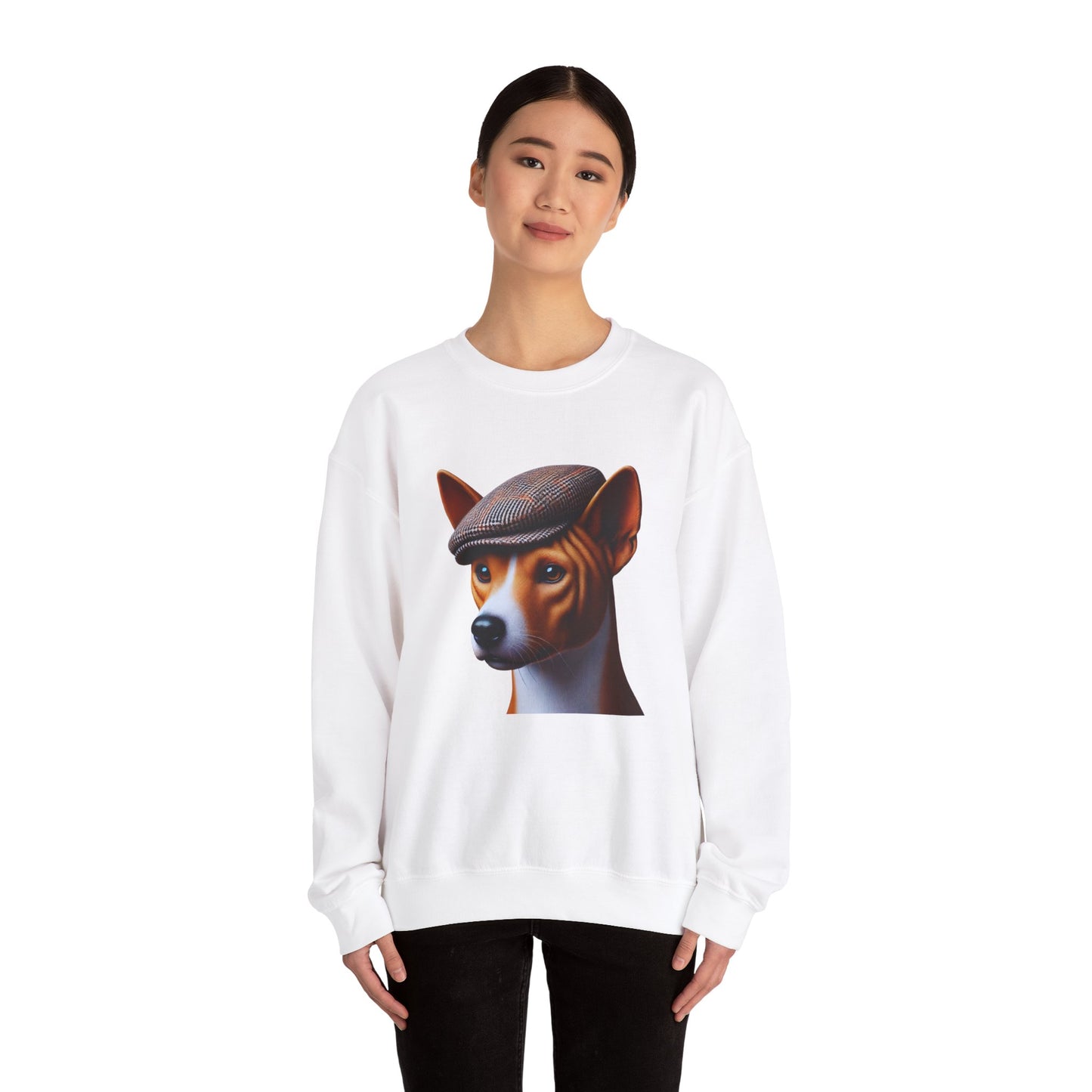 Basenji Wearing Tweed Flat Cap - Adult Crewneck Sweatshirt - Too Cute Pets