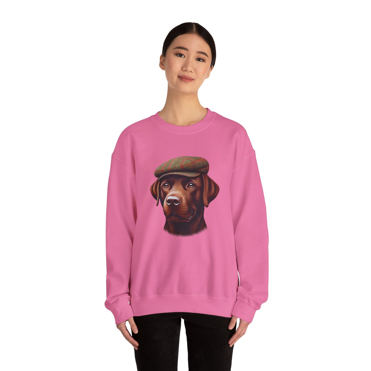 Brown Labrador Wearing Tweed Flat Cap- Adult Crewneck Sweatshirt - Too Cute Pets