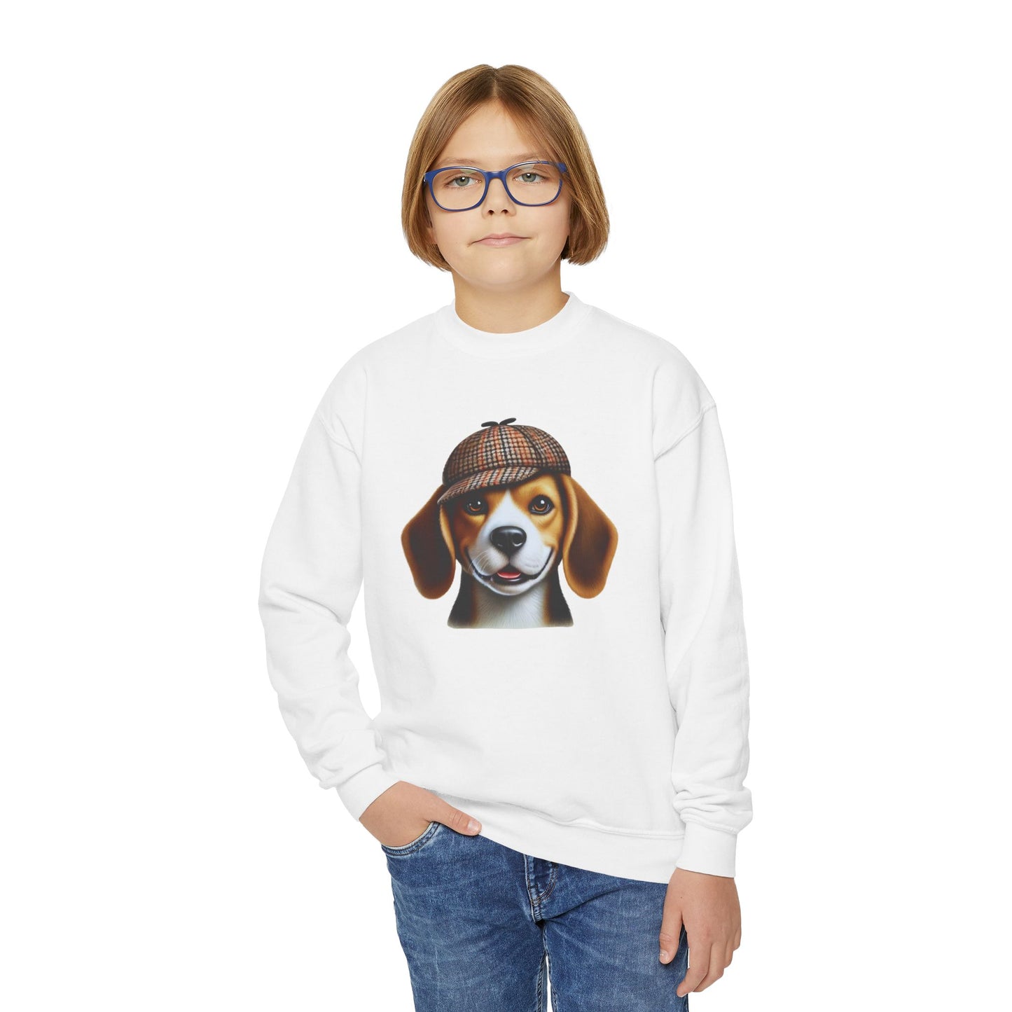 Beagle With Deerstalker Hat - Youth Crewneck Sweatshirt - Too Cute Pets