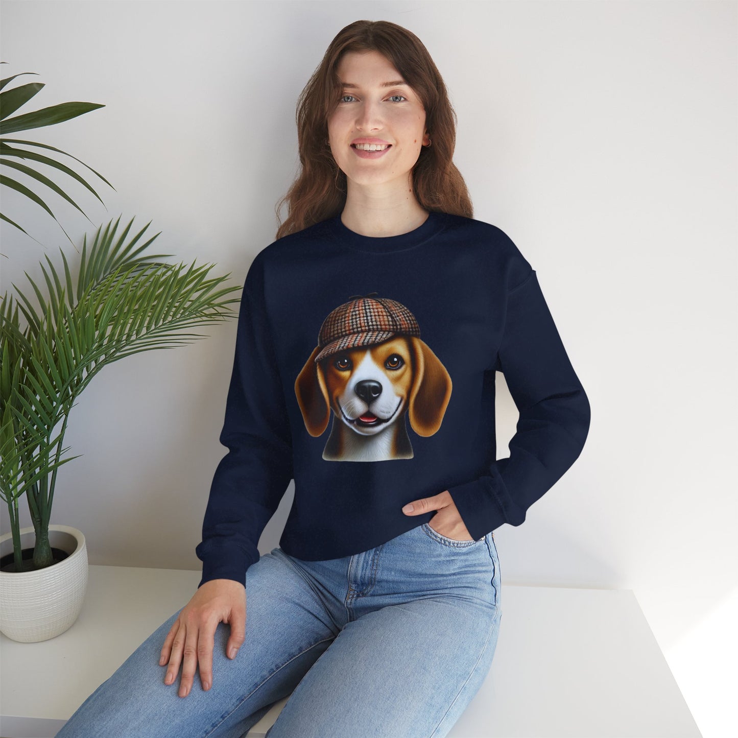 Smiling Beagle Wearing Deerstalker Hat - Adult Crewneck Sweatshirt - Too Cute Pets