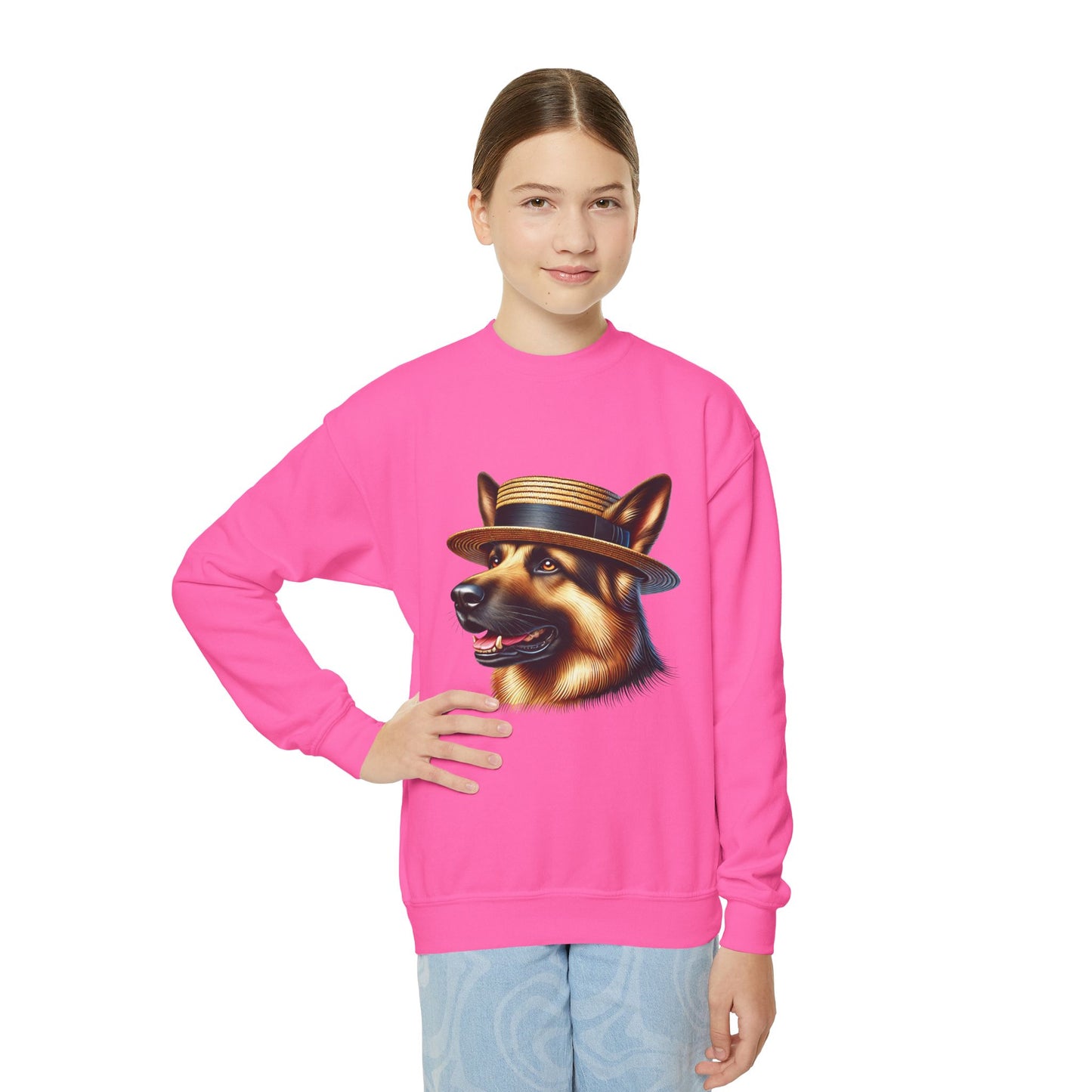 German Shepherd With Boater Hat - Youth Crewneck Sweatshirt - Too Cute Pets