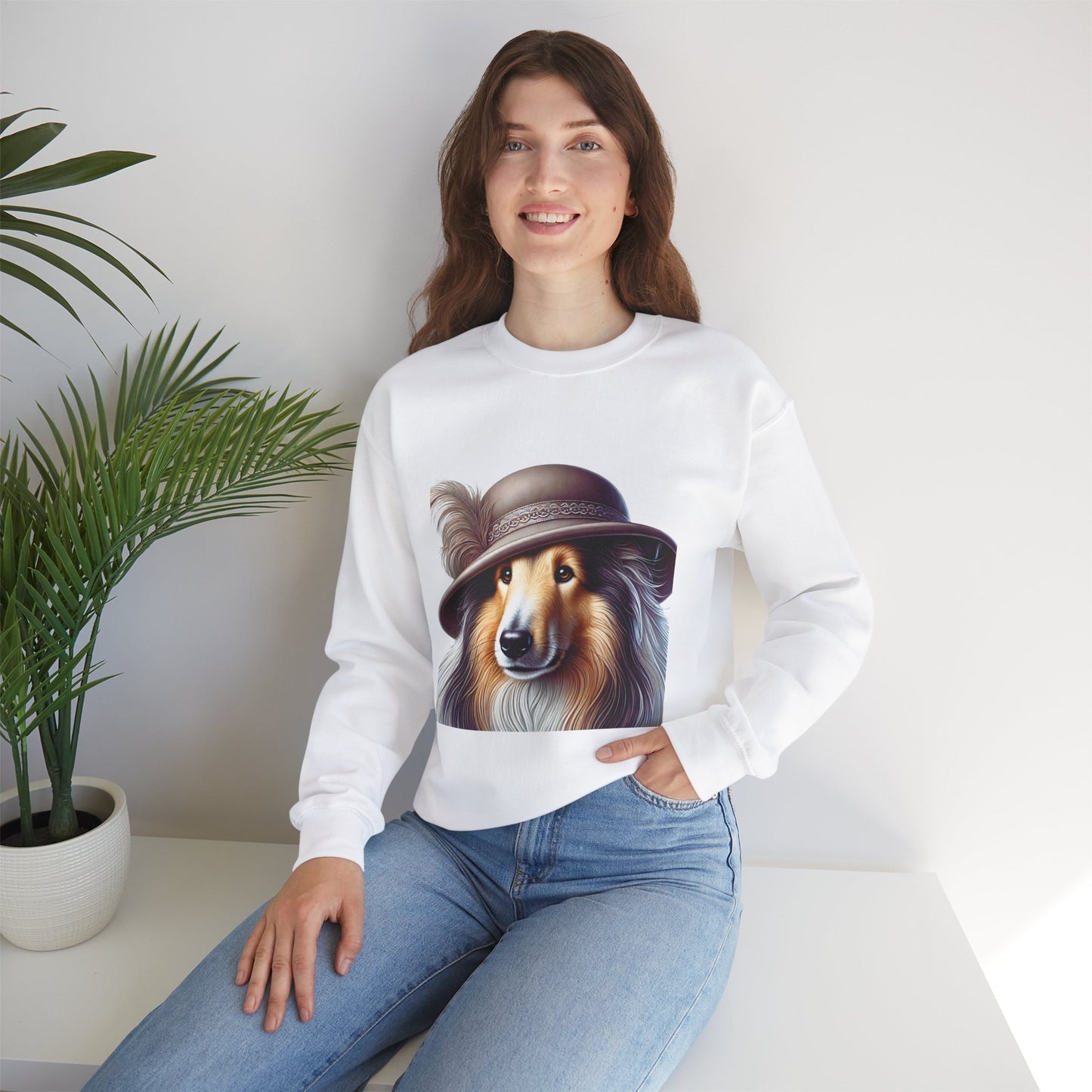 Collie Wearing Cloche Hat - Adult Crewneck Sweatshirt - Too Cute Pets