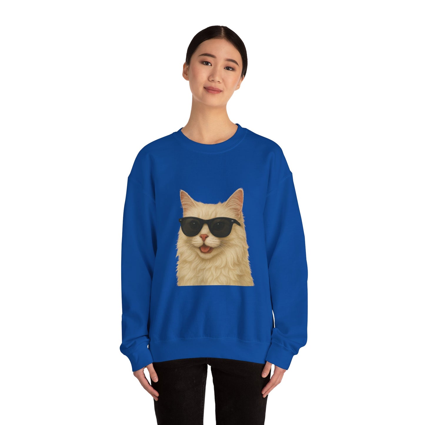 Cream Longhair Cat Wearing Sunglasses - Adult Crewneck Sweatshirt