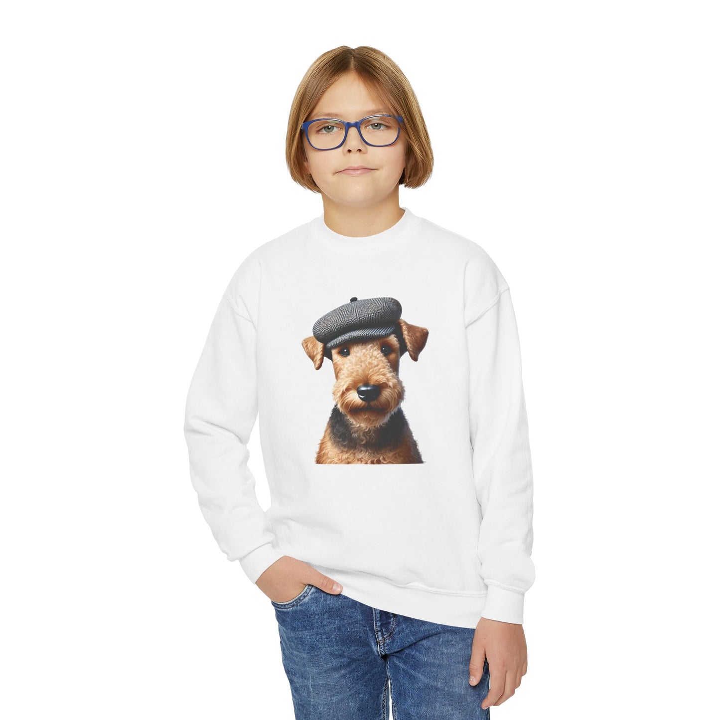 Airedale Terrier Wearing Tweed Flat Cap- Youth Crewneck Sweatshirt - Too Cute Pets