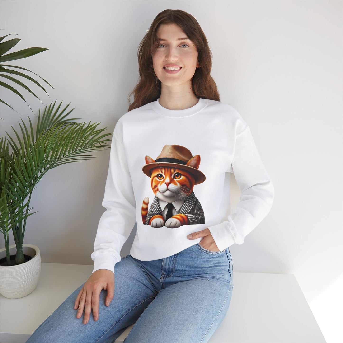 Tabby Cat Wearing A Fedora And Suit - Adult Crewneck Sweatshirt - Too Cute Pets