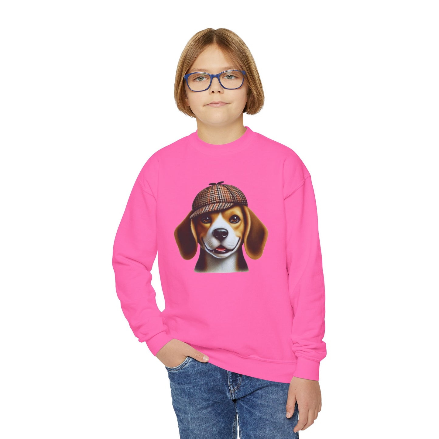 Beagle With Deerstalker Hat - Youth Crewneck Sweatshirt - Too Cute Pets