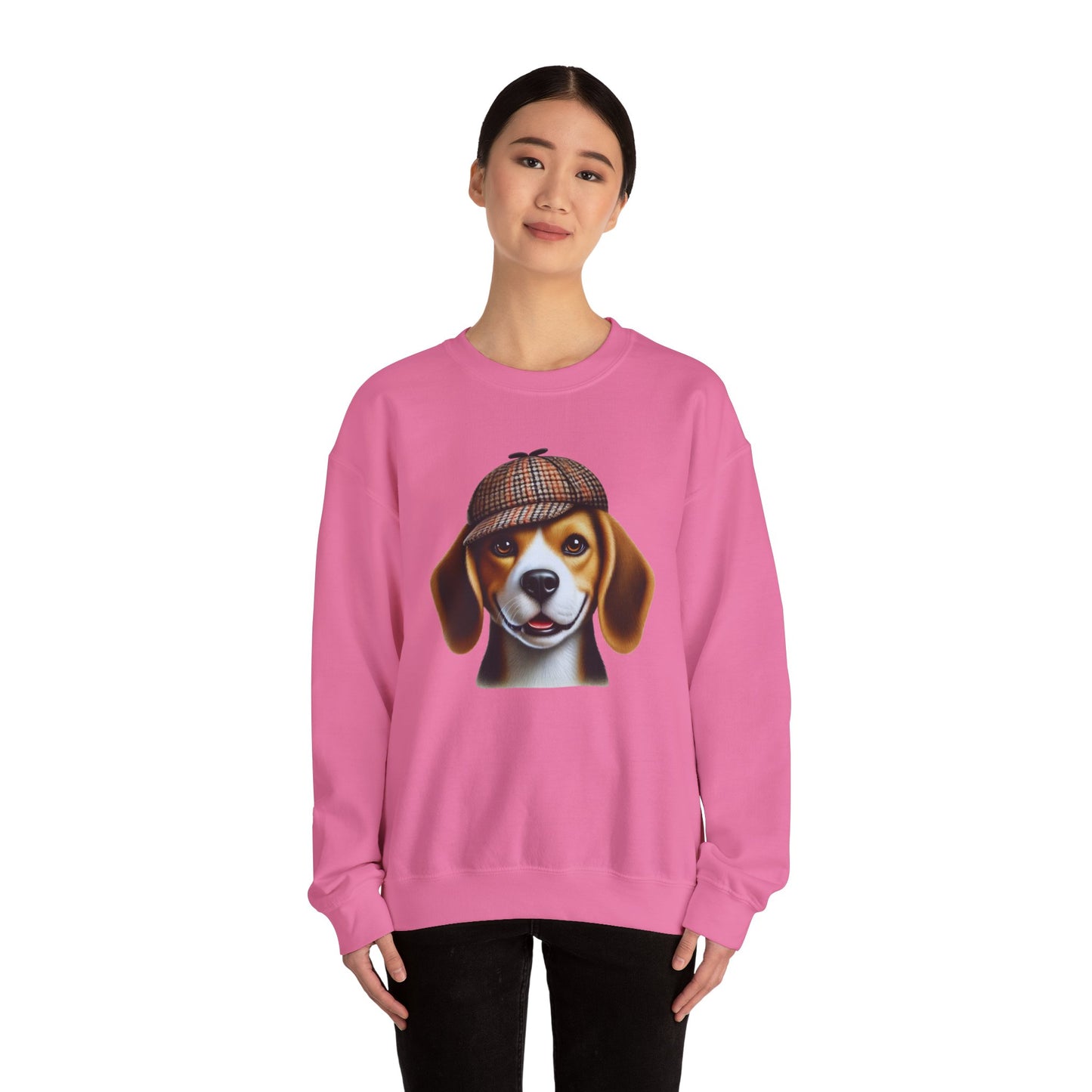 Smiling Beagle Wearing Deerstalker Hat - Adult Crewneck Sweatshirt - Too Cute Pets