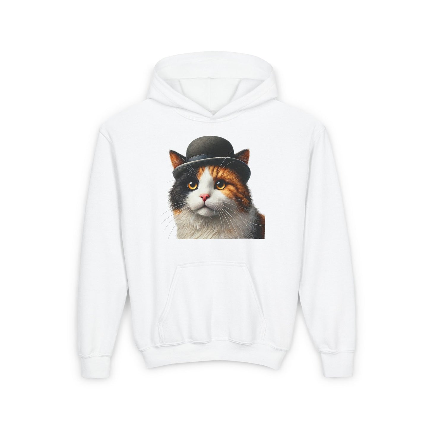 Calico Cat Wearing A Bowler Hat - Youth Hoodie - Too Cute Pets