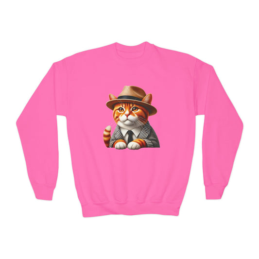 Tabby Cat Dressed In A Suit and Fedora Hat Youth Crewneck Sweatshirt - Too Cute Pets