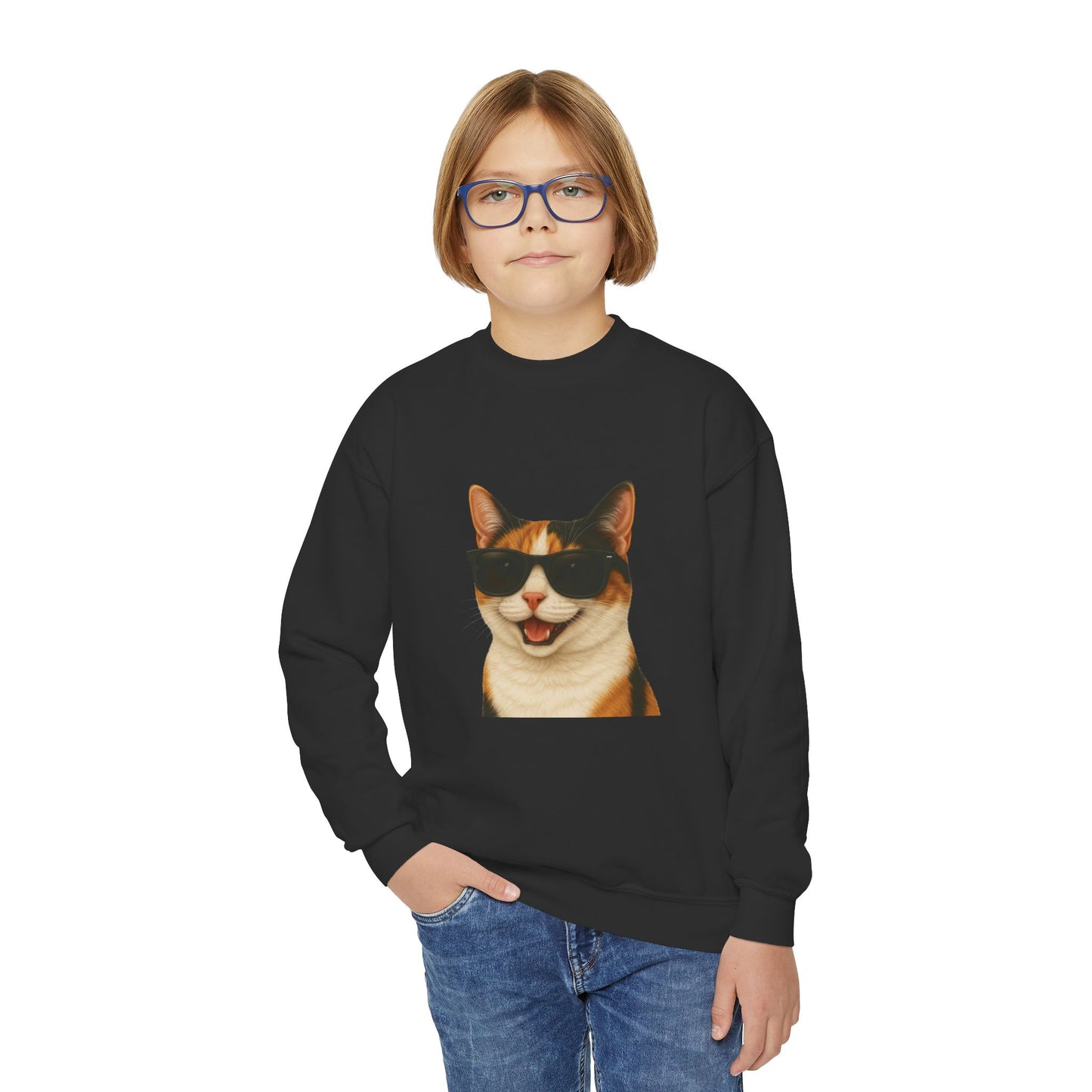 Calico Domestic Shorthaired Cat Wearing Sunglasses - Youth Sweatshirt