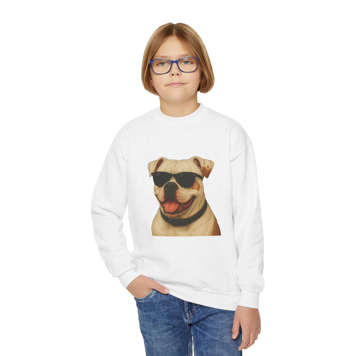 American Bulldog Portrait Youth Crewneck Sweatshirt with Sunglasses Design