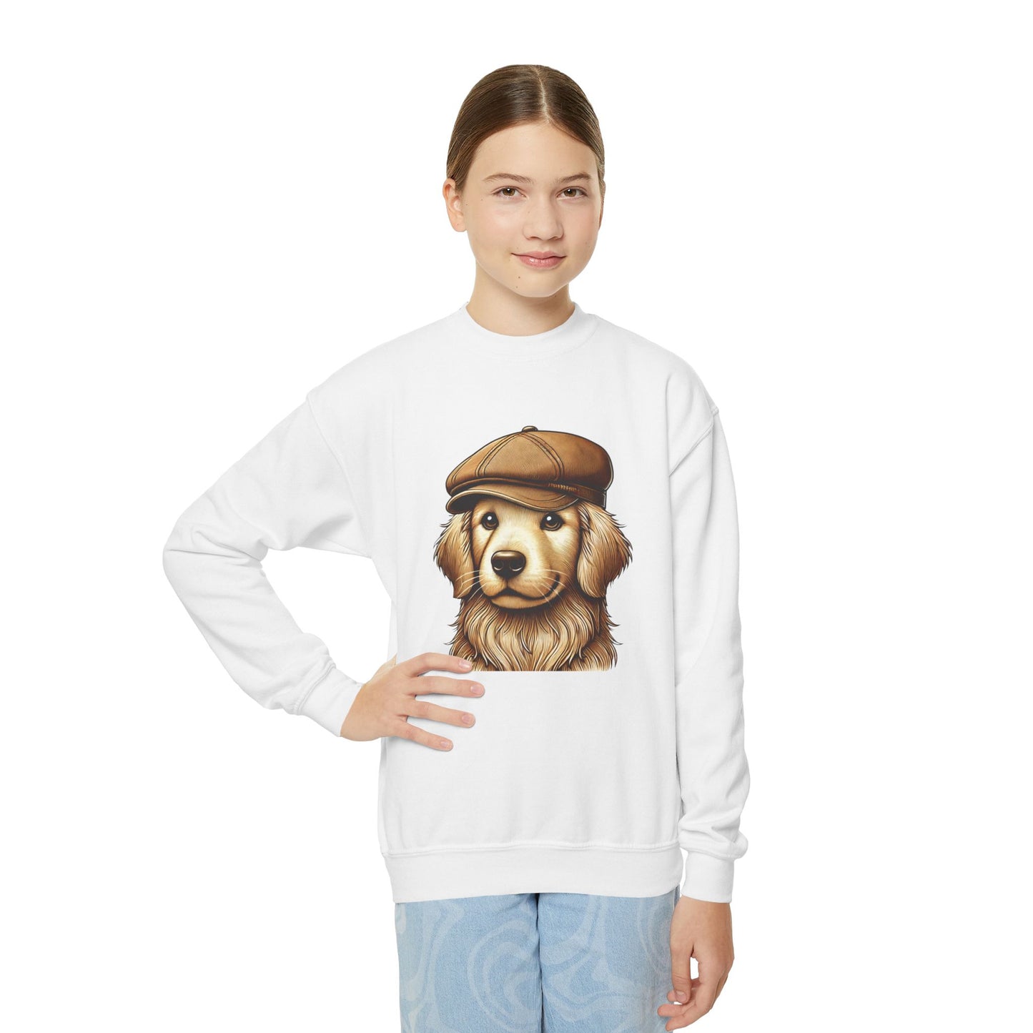 Golden Retriever Wearing Newsboy Hat - Youth Crewneck Sweatshirt - Too Cute Pets