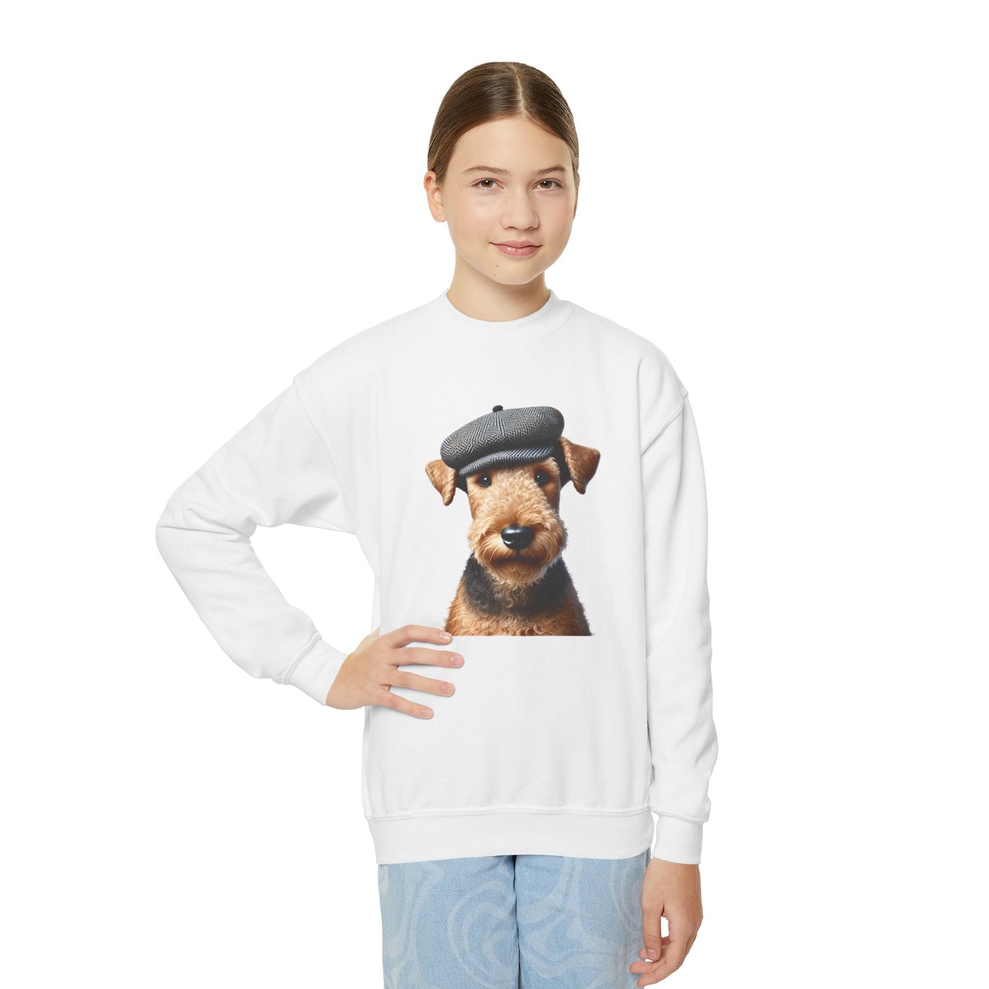 Airedale Terrier Wearing Tweed Flat Cap- Youth Crewneck Sweatshirt - Too Cute Pets