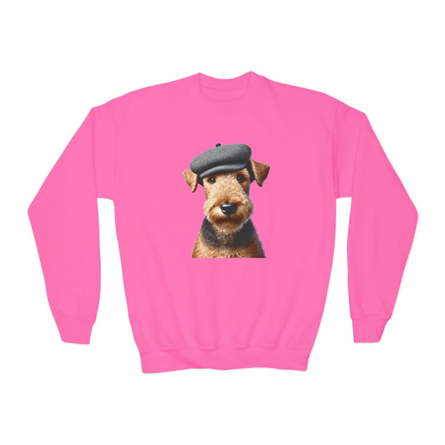 Aerdale Terrier Wearing Tweed Flat Cap- Youth Crewneck Sweatshirt - Too Cute Pets