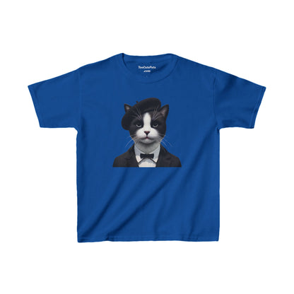 Tuxedo Cat Wearing A Tuxedo an Beret Youth T-Shirt  - Too Cute Pets