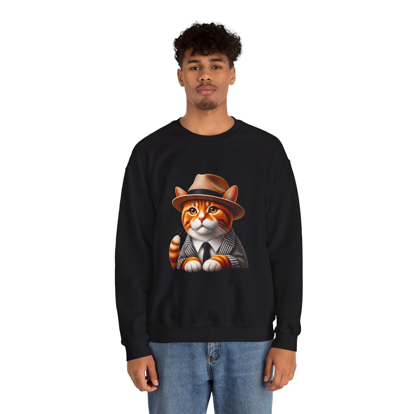 Tabby Cat Wearing A Fedora And Suit - Adult Crewneck Sweatshirt - Too Cute Pets