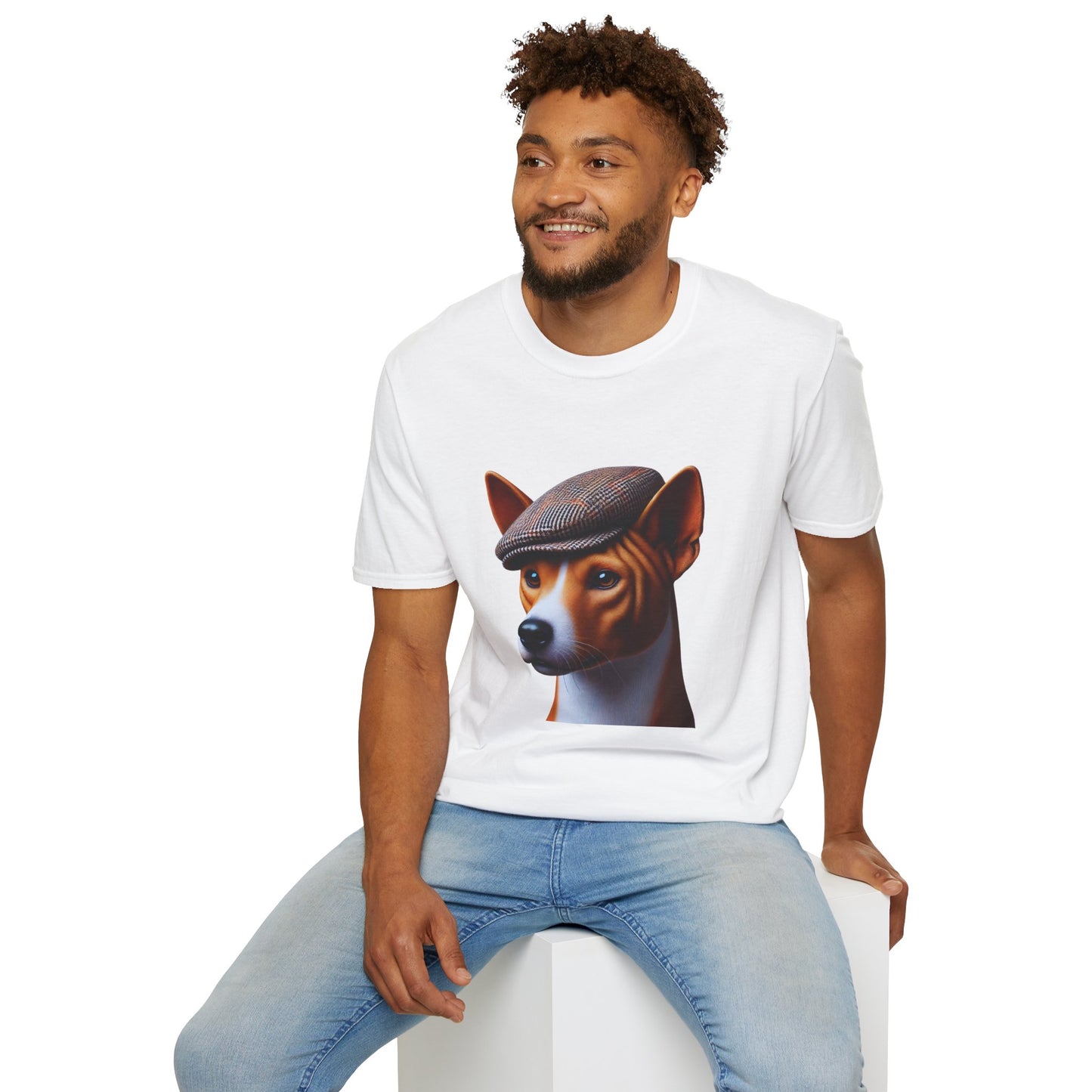 Basenji Wearing Tweed Flat Cap - Adult T-Shirt - Too Cute Pets