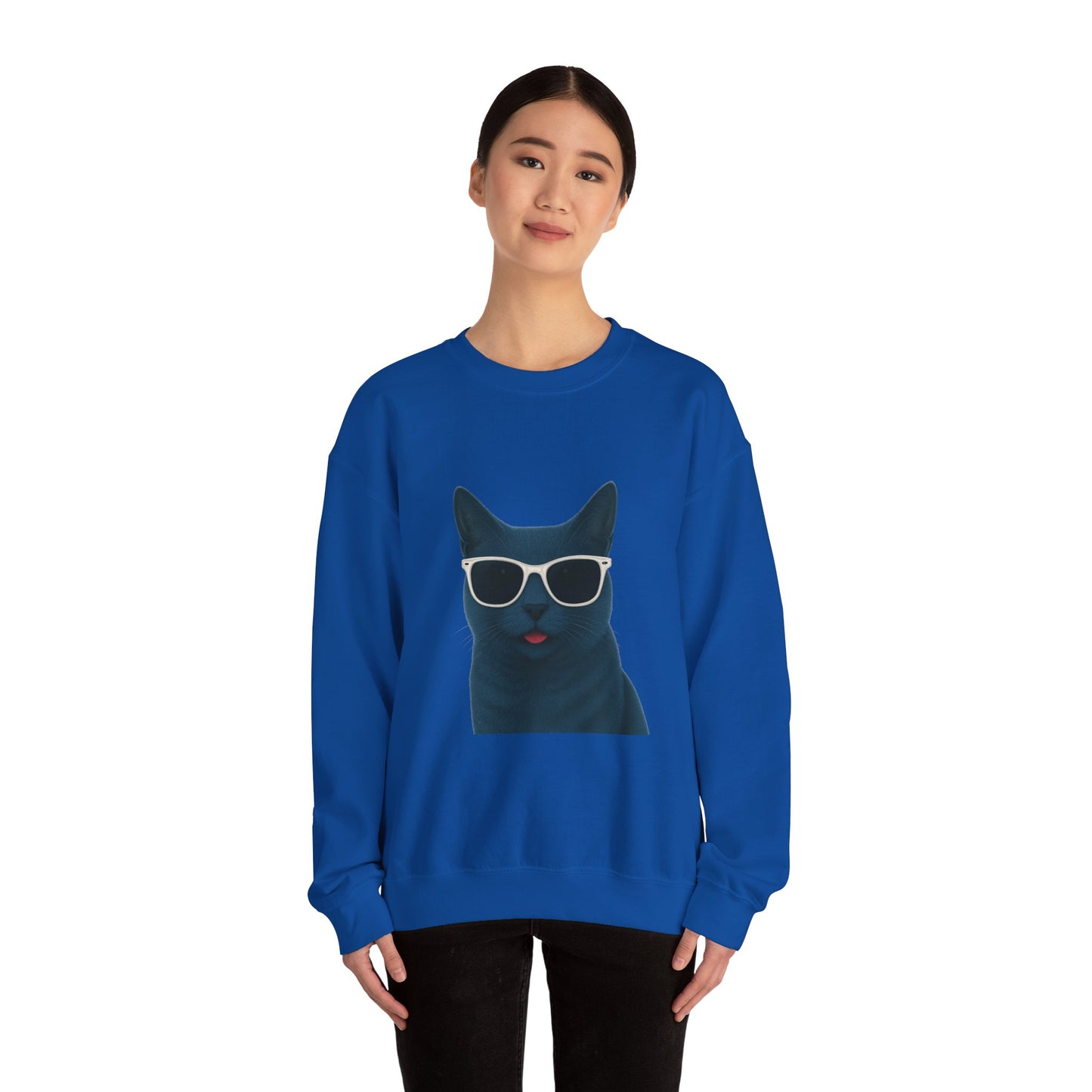 Russian Blue Cat Wearing Sunglasses - Adult Crewneck Sweatshirt