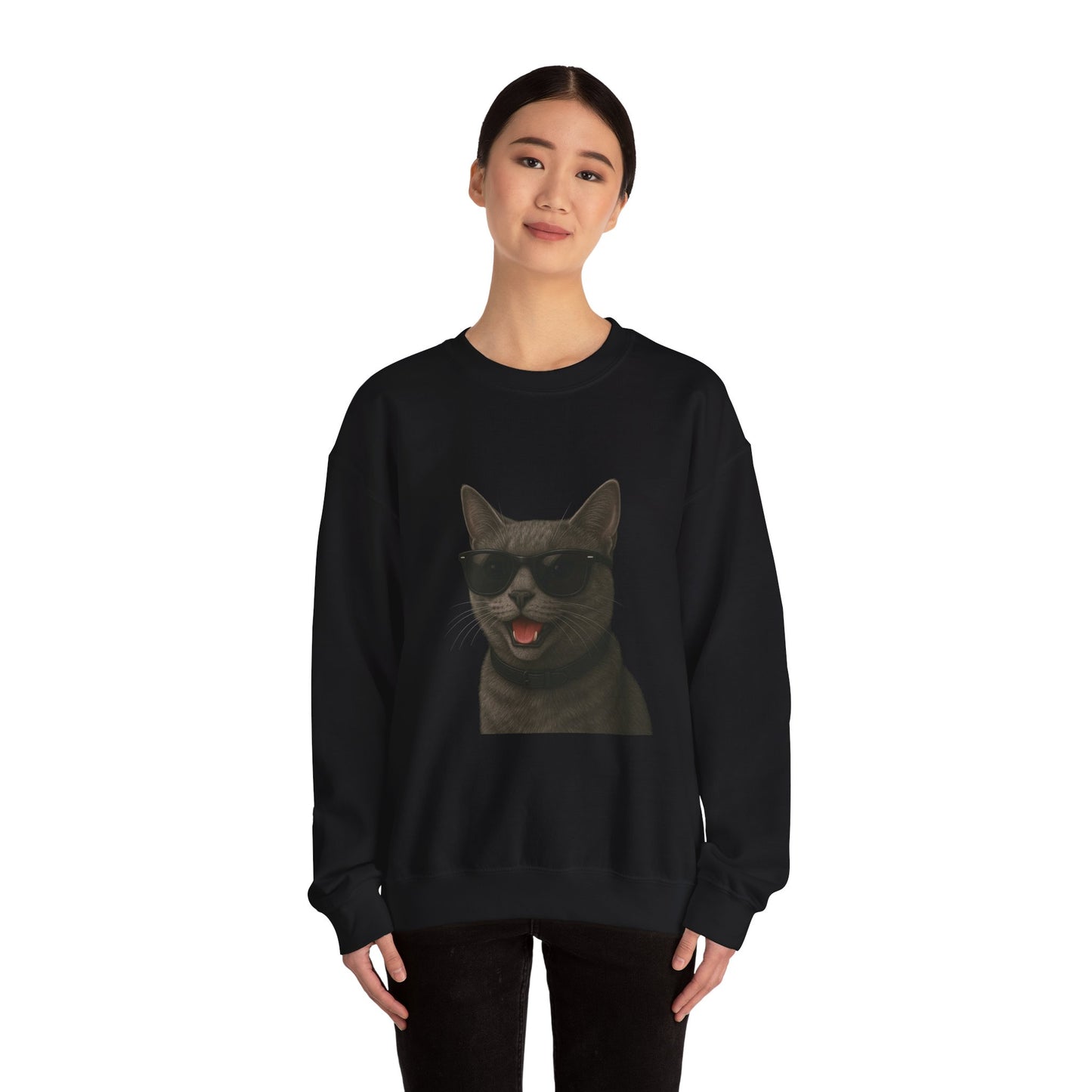 Gray Cat Wearing Sunglasses - Adult Crewneck Sweatshirt