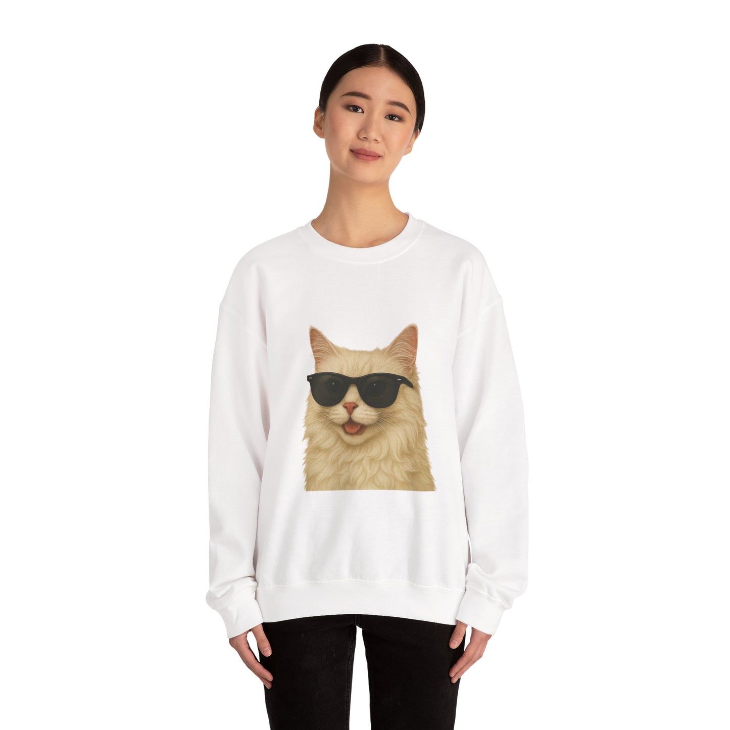 Cream Longhair Cat Wearing Sunglasses - Adult Crewneck Sweatshirt