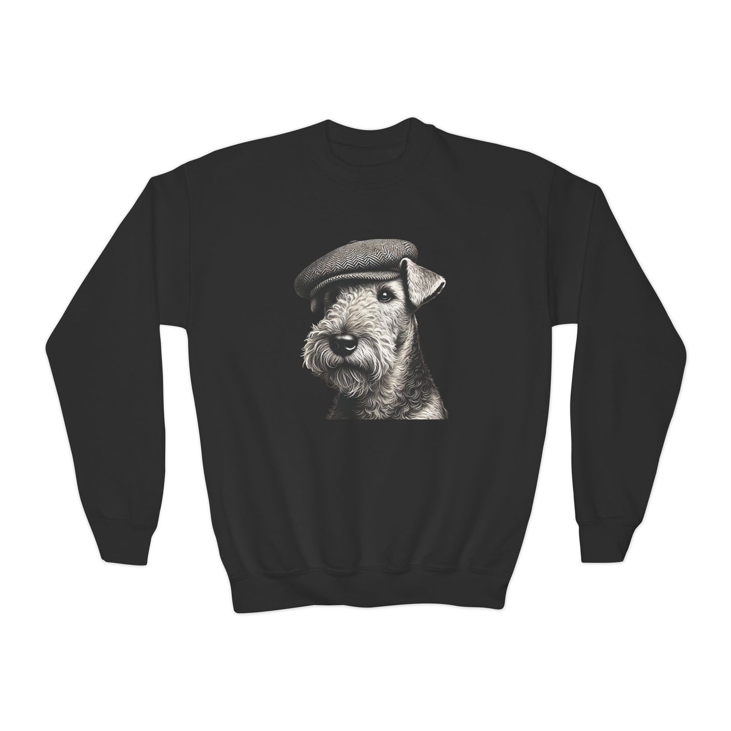 Airedale Terrier Wearing Tweed Flat Cap (Black & White) Youth Crewneck Sweatshirt - Too Cute Pets