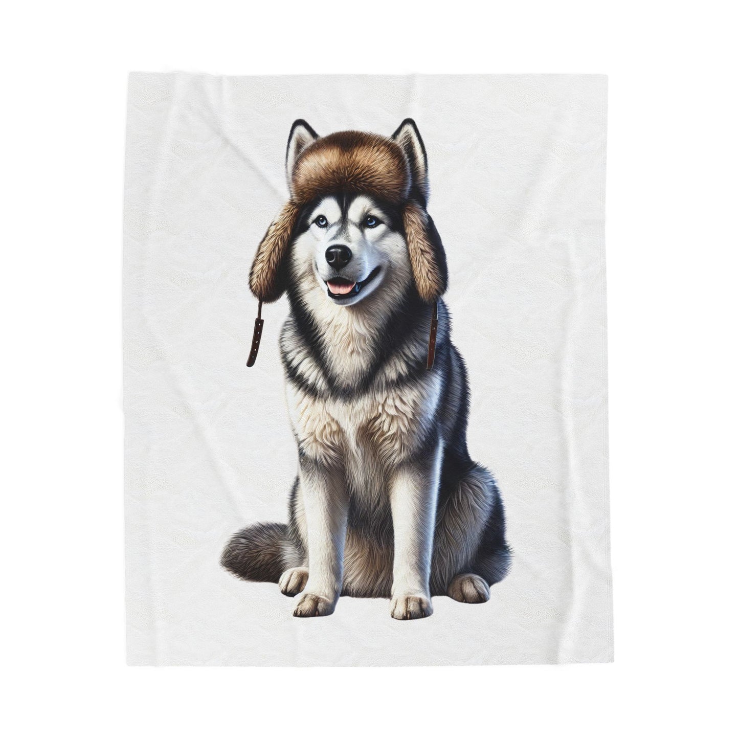 Husky Wearing a Fur Hunter Hat - Sherpa Blanket