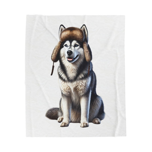 Husky Wearing a Fur Hunter Hat - Sherpa Blanket