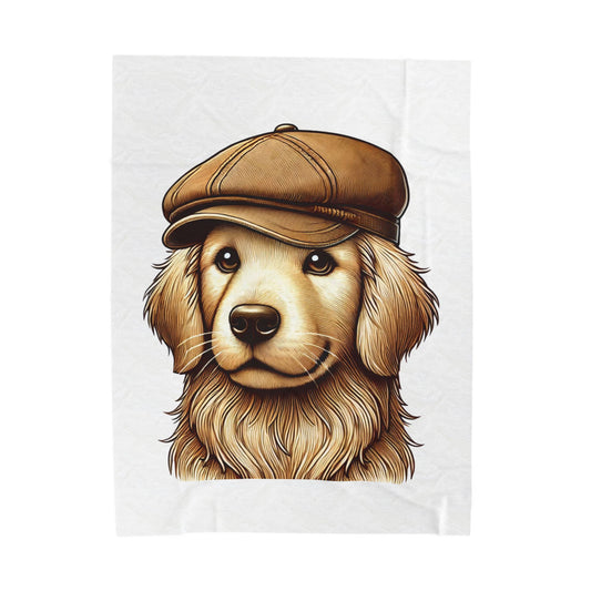 Golden Retriever Wearing a Newsboy Cap - Sherpa Blanket