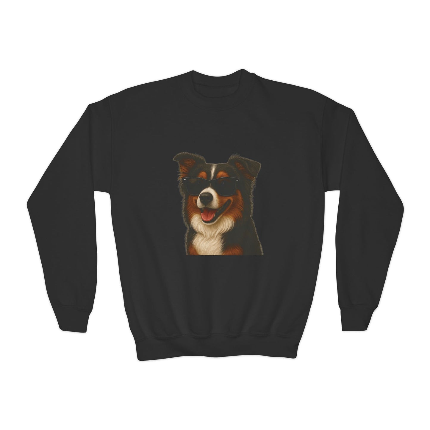Australian Shepherd Dog Portrait Youth Crewneck Sweatshirt with Sunglasses Design