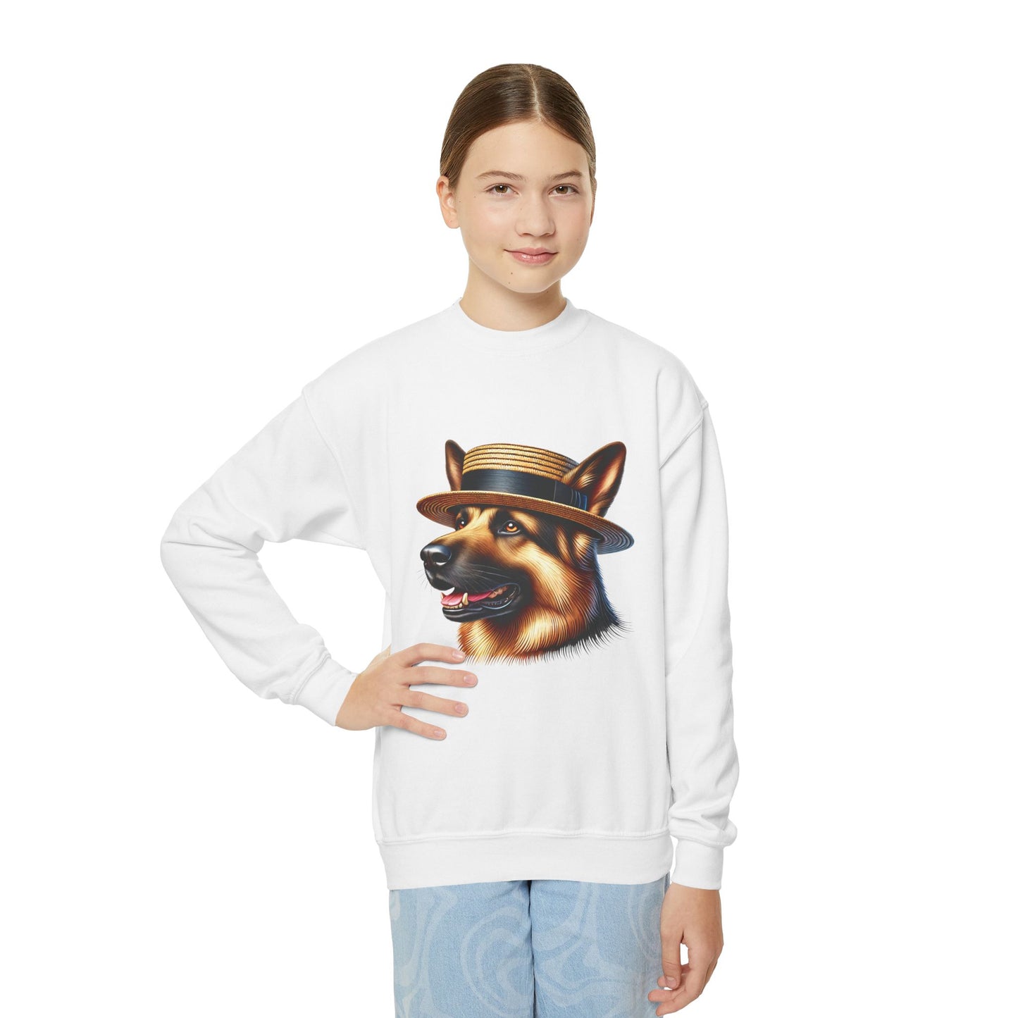 German Shepherd With Boater Hat - Youth Crewneck Sweatshirt - Too Cute Pets