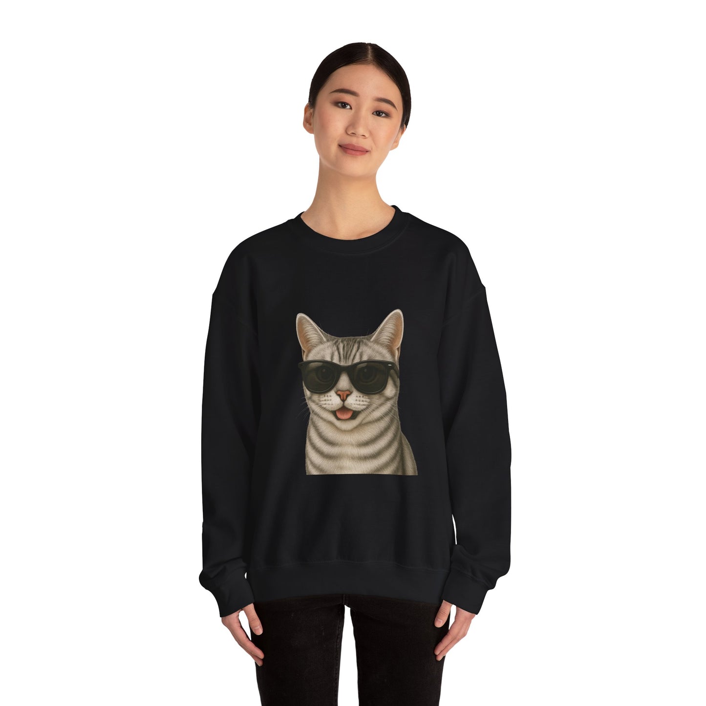 American Shorthair Silver Tabby Wearing Sunglasses - Adult Crewneck Sweatshirt