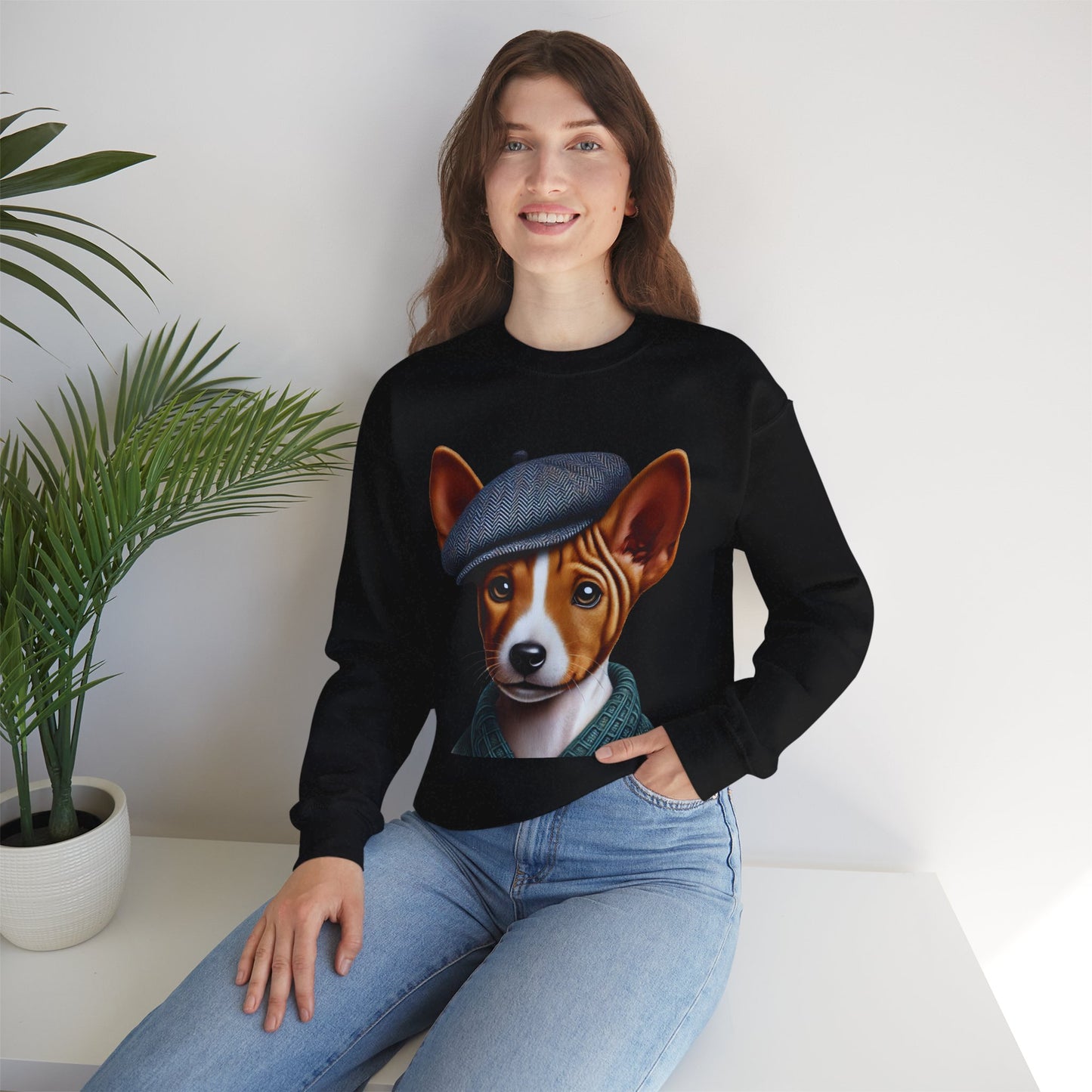 Cute Basenji Pup Wearing Tweed Flat Cap- Adult Crewneck Sweatshirt - Too Cute Pets