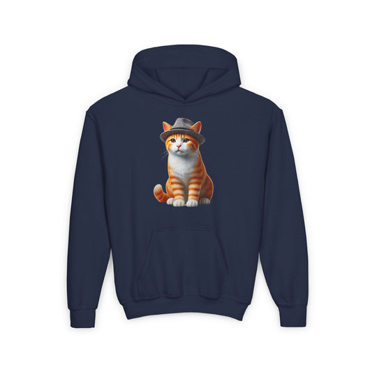 Tabby Kitten With Fedora Hat - Hooded Youth Sweatshirt - Too Cute Pets