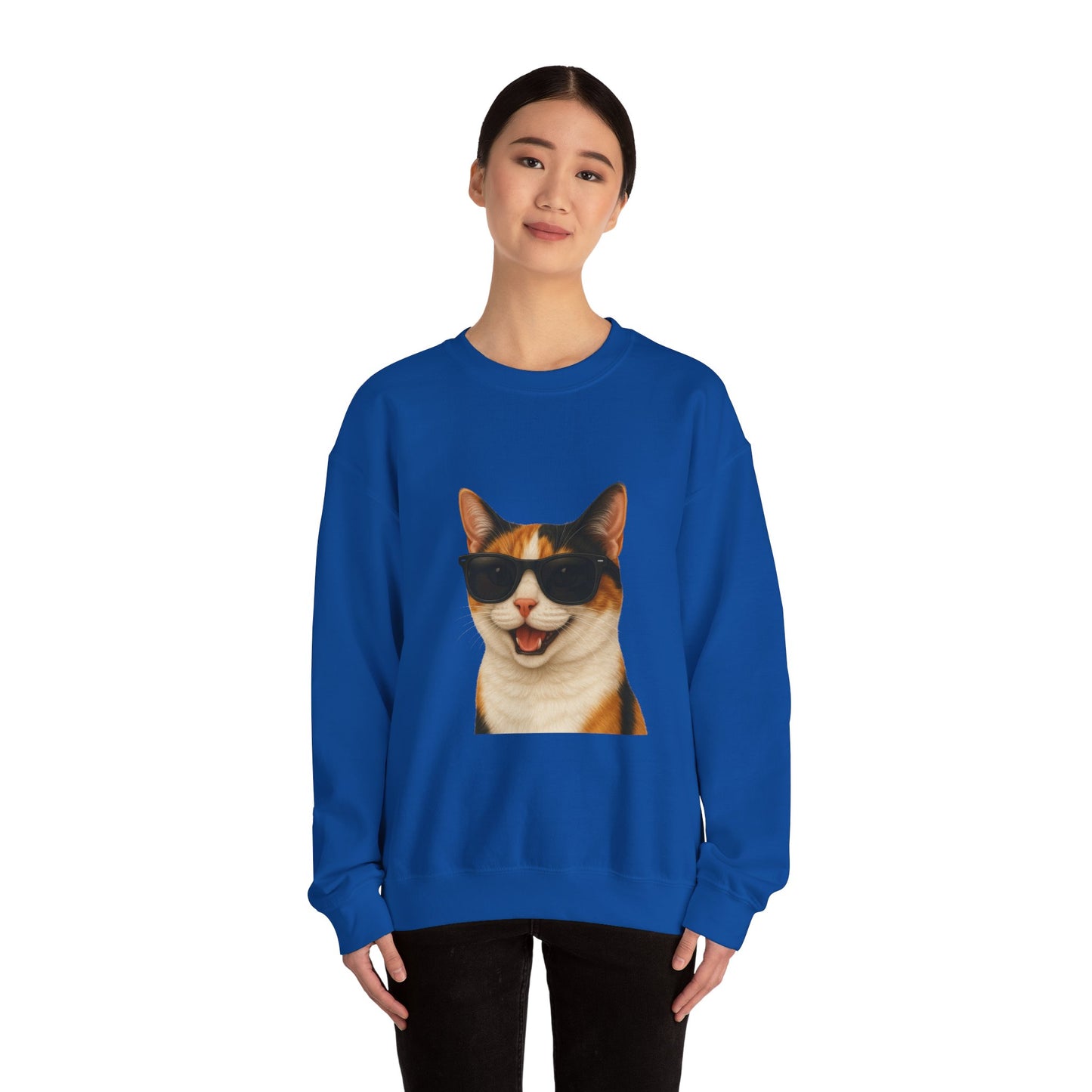 Calico Shorthair Cat Wearing Sunglasses - Adult Crewneck Sweatshirt