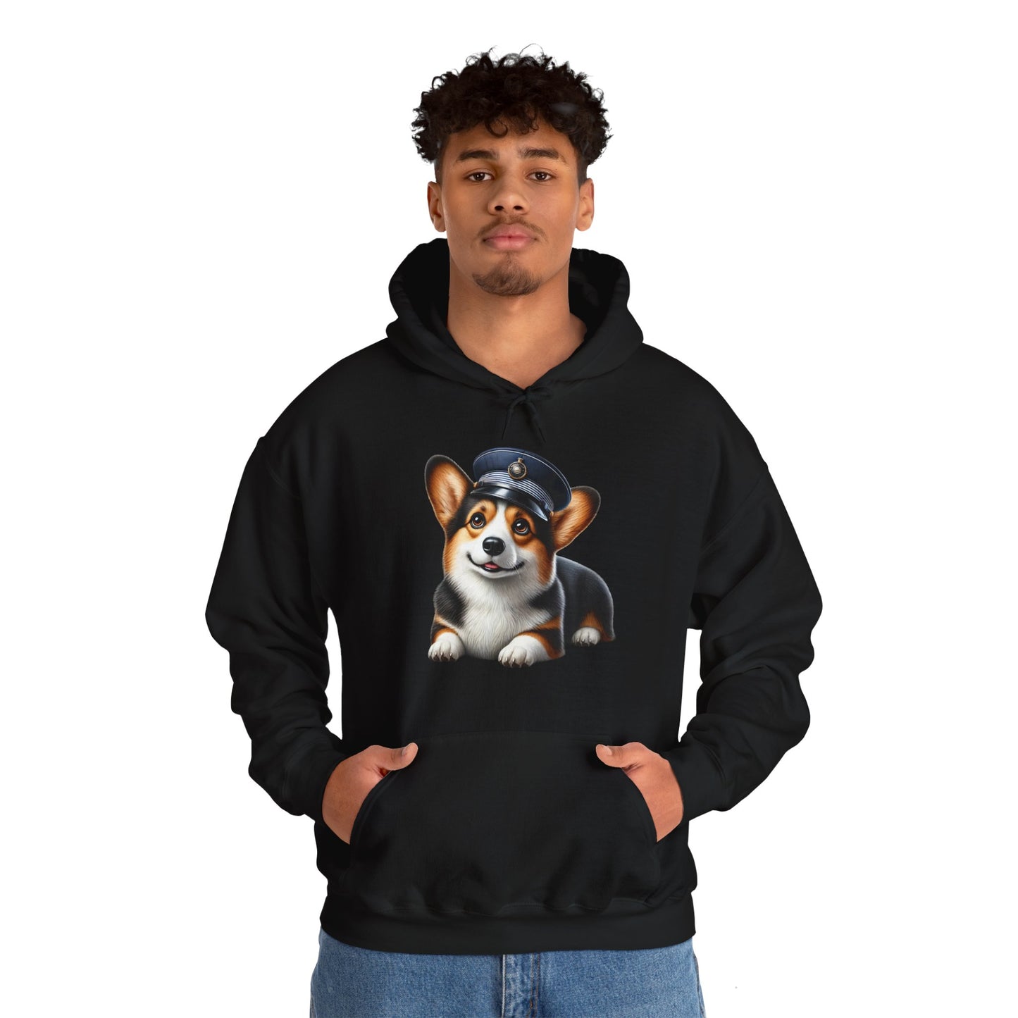 Cute Corgi Wearing A Train Conductors Hat - Adult Hoodie - Too Cute Pets