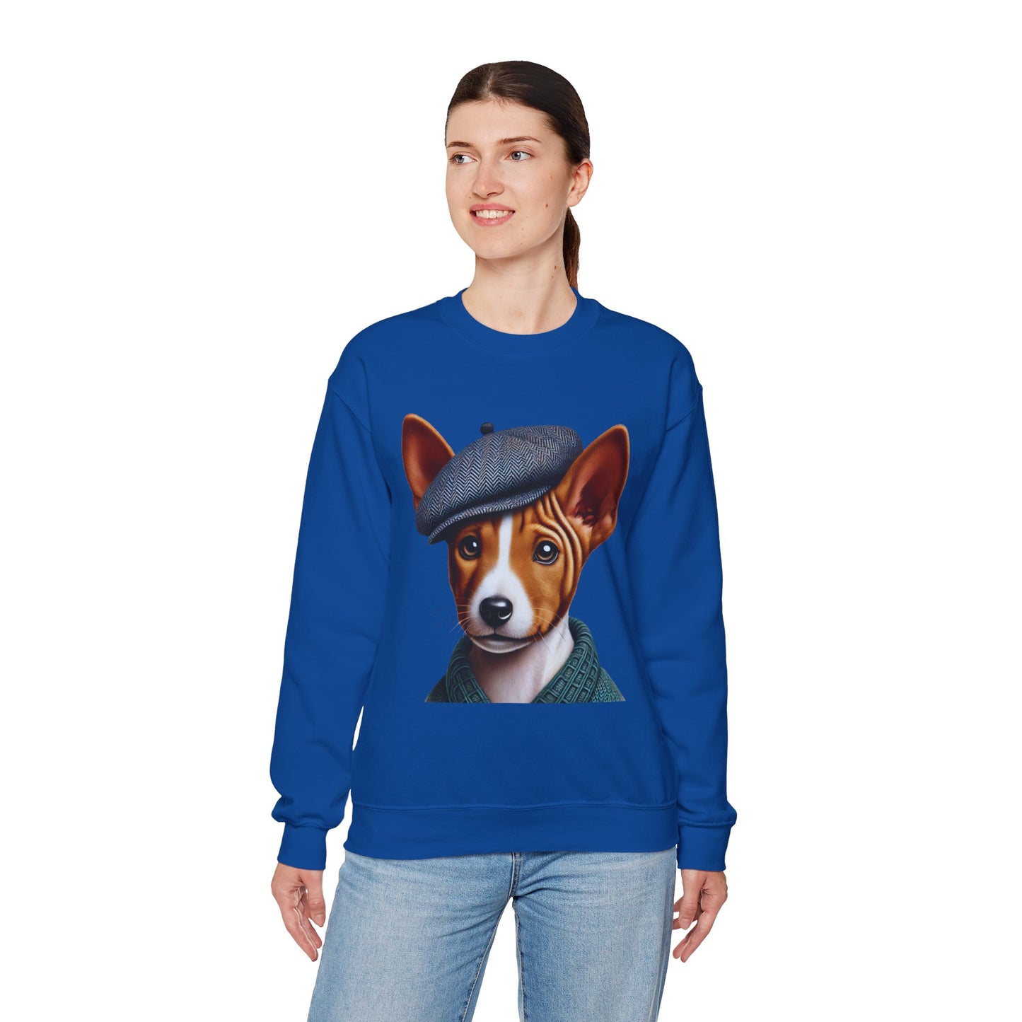 Cute Basenji Pup Wearing Tweed Flat Cap- Adult Crewneck Sweatshirt - Too Cute Pets