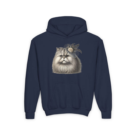 Persian Cat Wearing a Fascinator Hat-  Hooded Youth Sweatshirt - Too Cute Pets