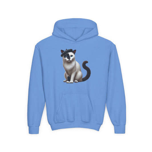 Black and White Cat Wearing A Beret-  Youth Hoodie