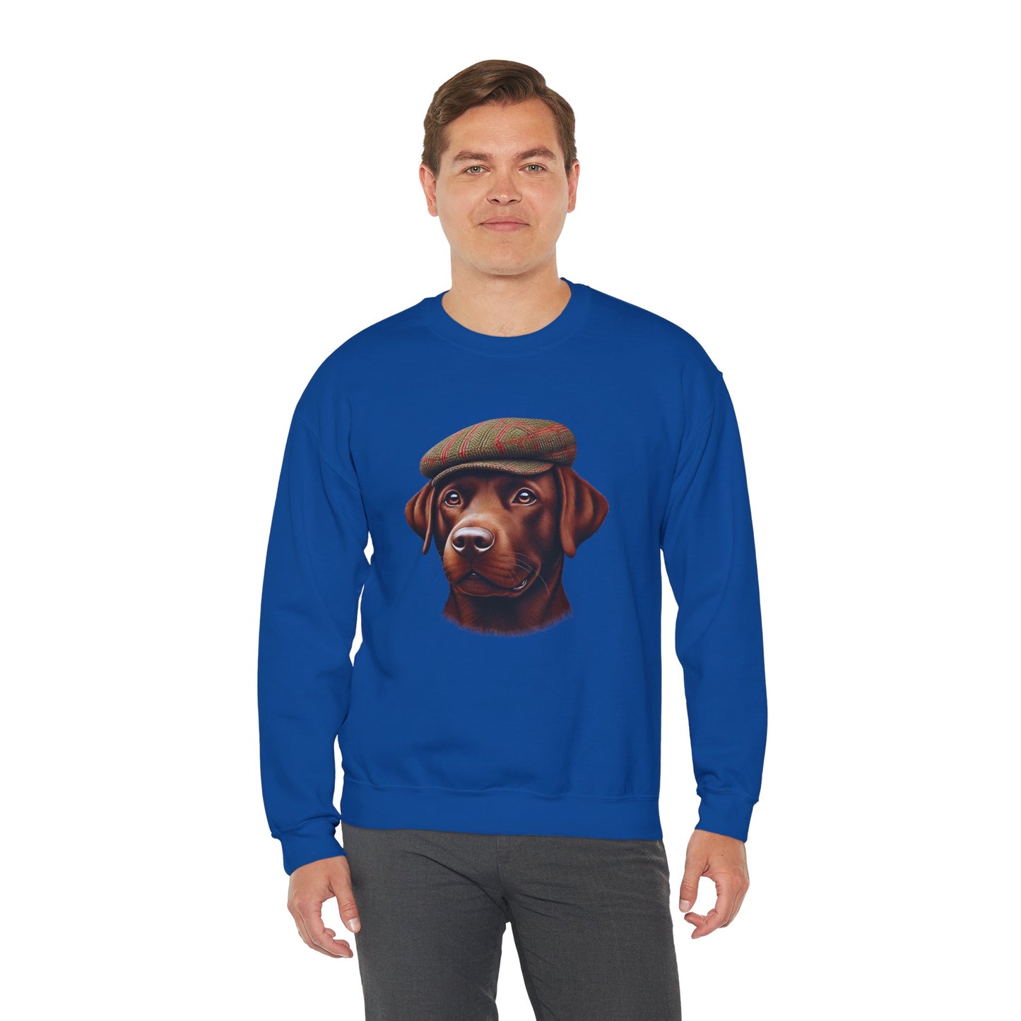 Brown Labrador Wearing Tweed Flat Cap- Adult Crewneck Sweatshirt - Too Cute Pets