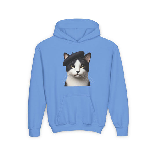 Tuxedo Cat Wearing A Beret- Youth Hoodie Sweatshirt - Too Cute Pets