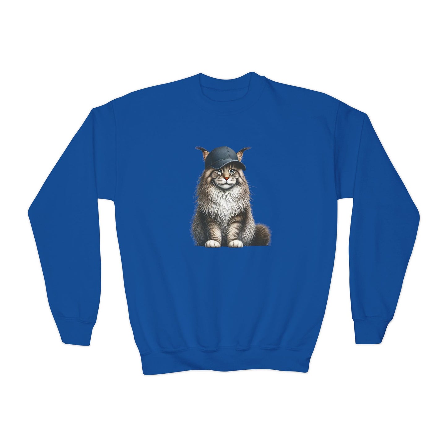 Maine Coon Wearing Baseball Cap - Youth Crewneck Sweatshirt - Too Cute Pets