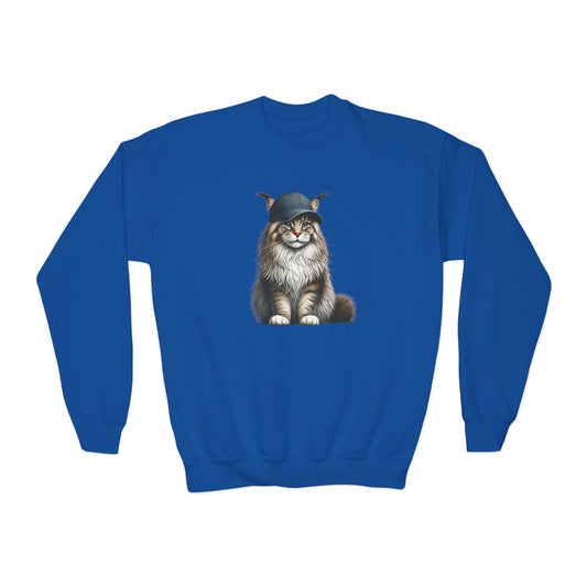 Maine Coon Wearing Baseball Cap - Youth Crewneck Sweatshirt - Too Cute Pets