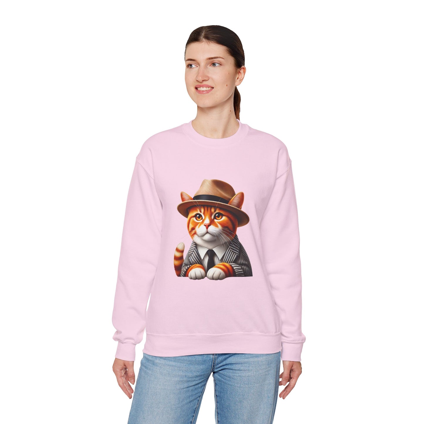 Tabby Cat Wearing A Fedora And Suit - Adult Crewneck Sweatshirt - Too Cute Pets