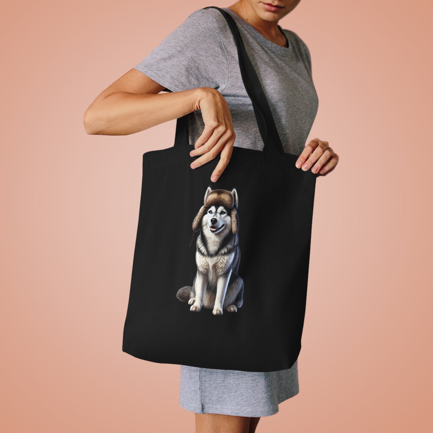 Husky Wearing a Fur Hunter Hat - Cotton Tote Bag