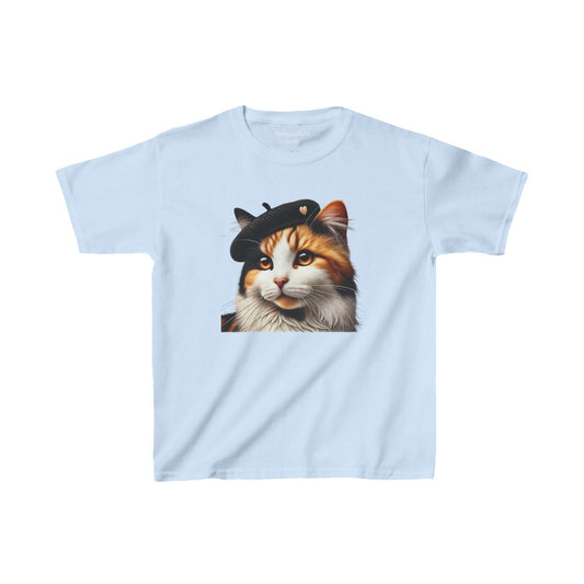 Calico Cat Wearing  a Heart Beret Youth T-Shirt - Too Cute Pets