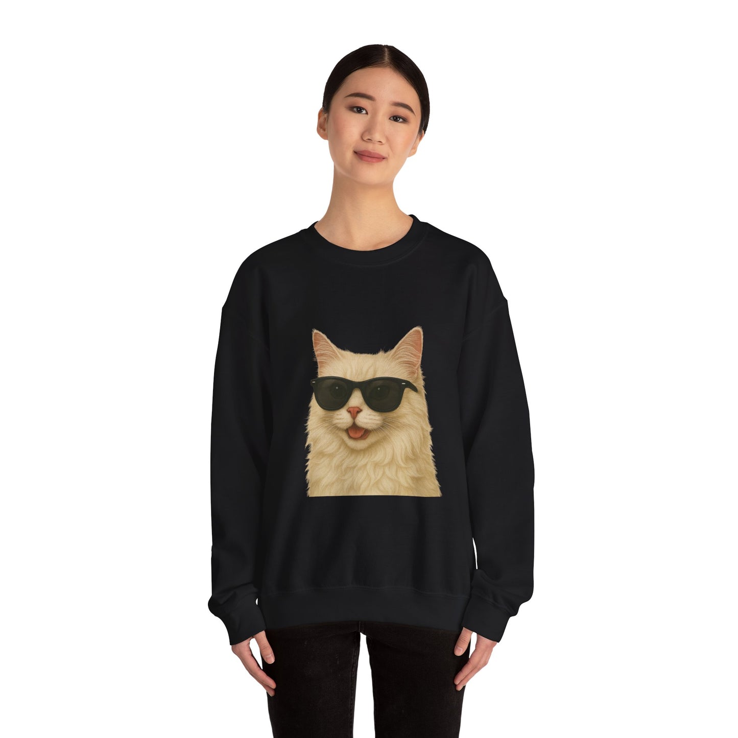 Cream Longhair Cat Wearing Sunglasses - Adult Crewneck Sweatshirt