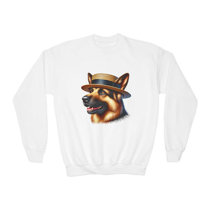 German Shepherd With Boater Hat - Youth Crewneck Sweatshirt - Too Cute Pets