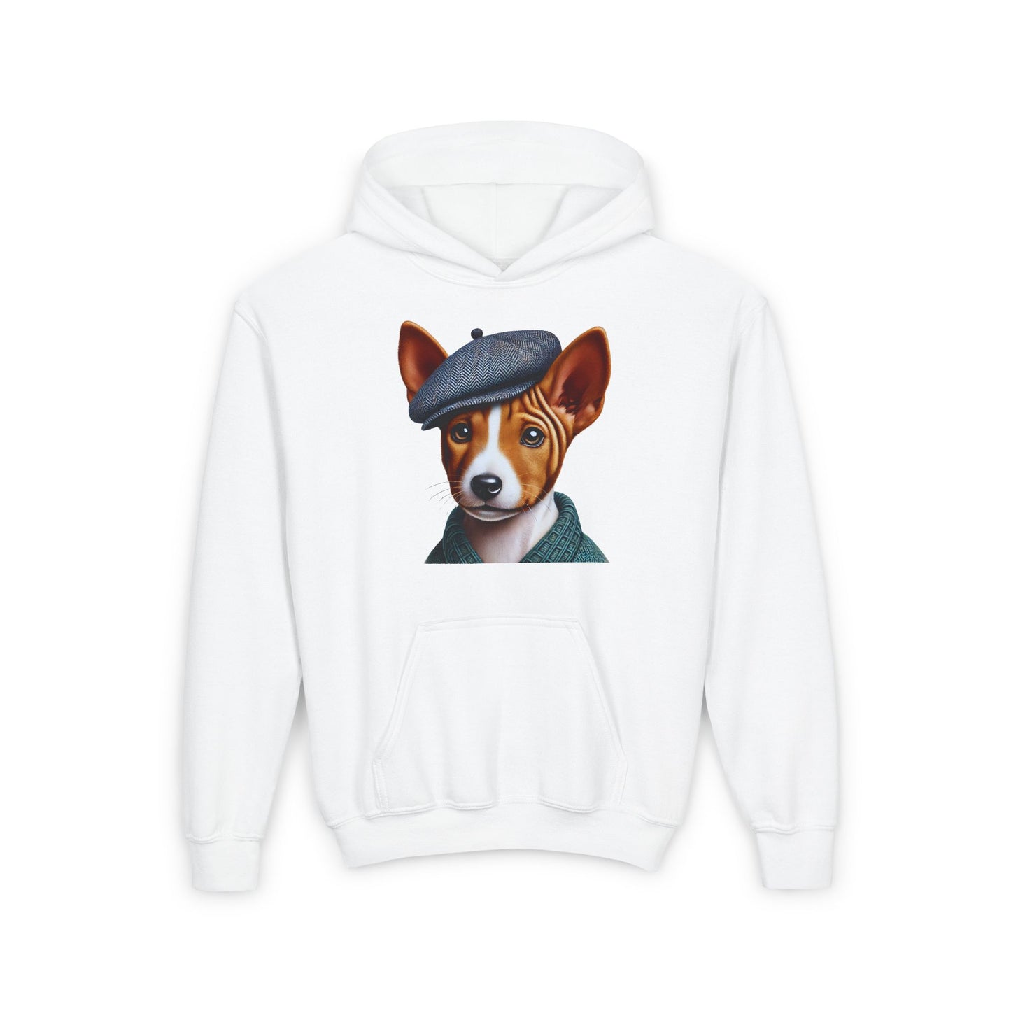 Basenji Pup With Tweed Flat Cap Youth Hooded Sweatshirt - Too Cute Pets