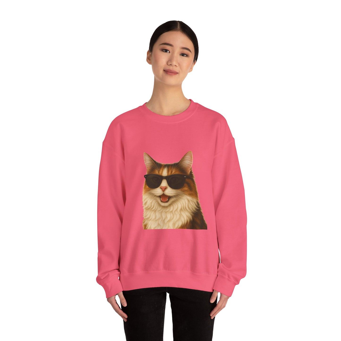 Calico Cat Wearing Sunglasses - Adult Crewneck Sweatshirt