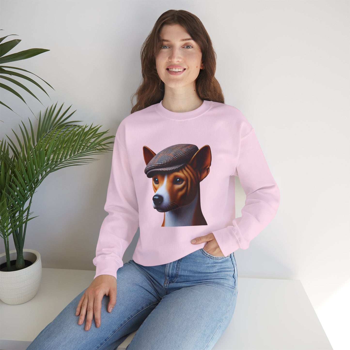 Basenji Wearing Tweed Flat Cap - Adult Crewneck Sweatshirt - Too Cute Pets